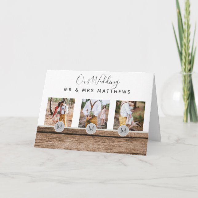 Rustic Photo Collage Monogram NEWLYWEDS BRÖLLOP Inbjudan (Framsida)