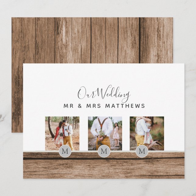 Rustic Photo Collage Monogram NEWLYWEDS BRÖLLOP Inbjudningar (Fram/baksida)