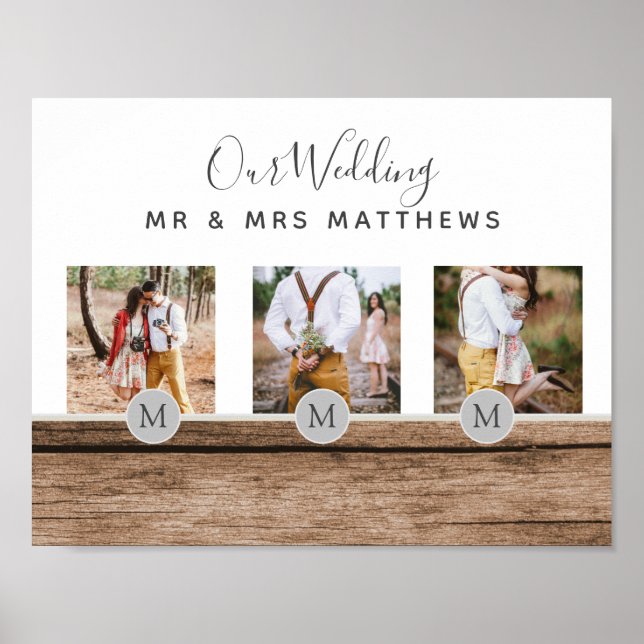 Rustic Photo Collage Monogram NEWLYWEDS BRÖLLOP Poster (Framsidan)