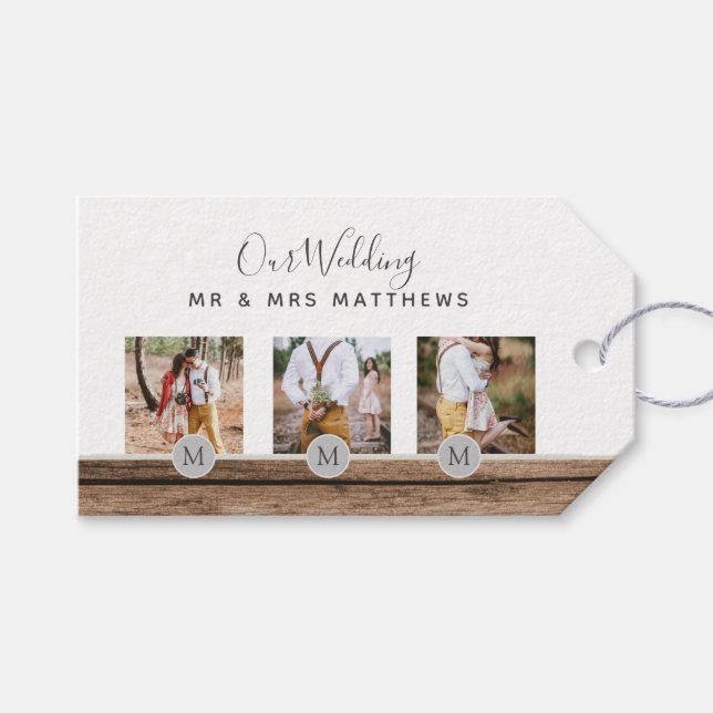 Rustic Photo Collage Monogram NEWLYWEDS BRÖLLOP Presentetikett (Framsidan (Horisontell))