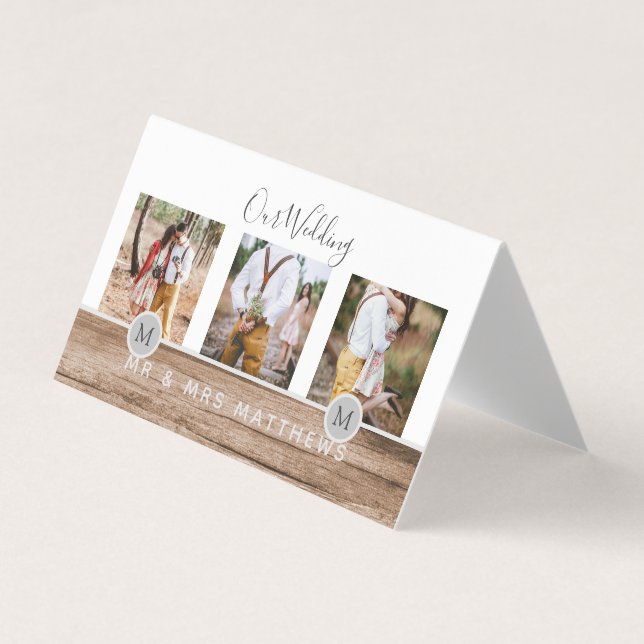 Rustic Photo Collage Monogram NEWLYWEDS BRÖLLOP Visitkort (Framsida)