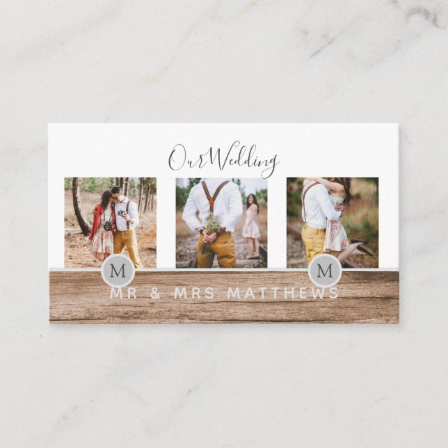 Rustic Photo Collage Monogram NEWLYWEDS BRÖLLOP Visitkort (Framsida)