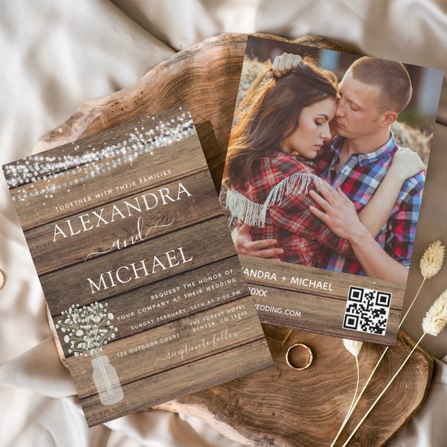 Rustic Photo Farmhouse QR Code Wedding Invitation (Skapare uppladdad)