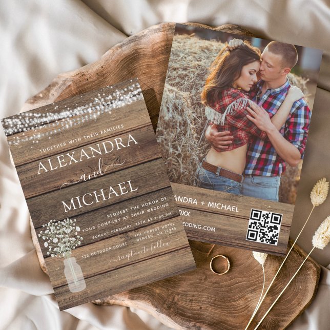 Rustic Photo Farmhouse QR Code Wedding Invitation Inbjudningar (Skapare uppladdad)