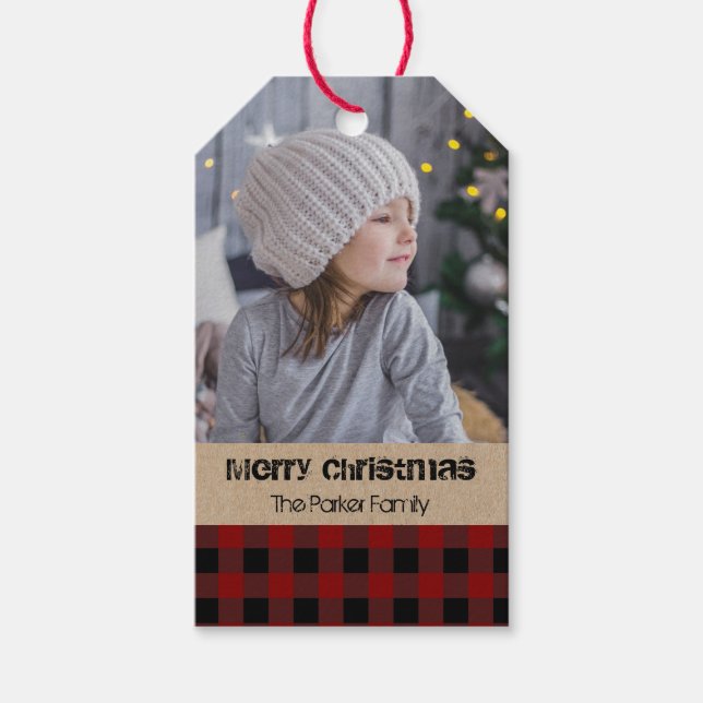 Rustic Photo-julen, röd check Presentetikett (Framsidan)