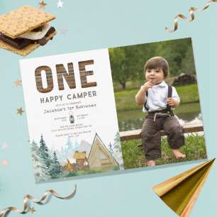 Rustic Photo One Lycklig Camper Birthday Inbjudningar