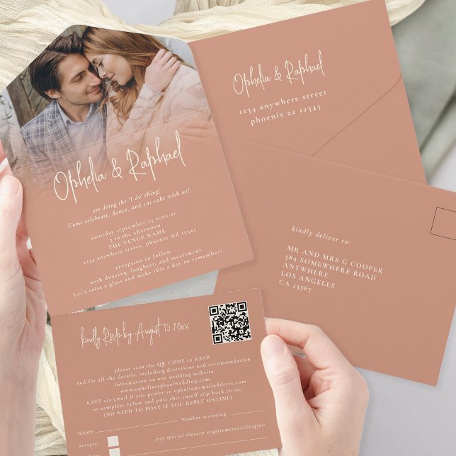 Rustic Photo Overlay QR Code Terracotta Bröllop (All in One Invitation and RSVP with optional recipient name and address)