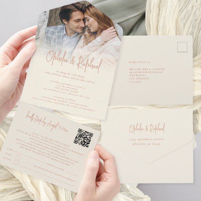 Rustic Photo Overlay QR-kod Cream Bröllop (Convenient All-in-one invitation and RSVP. Option to add individual recipients name and address)