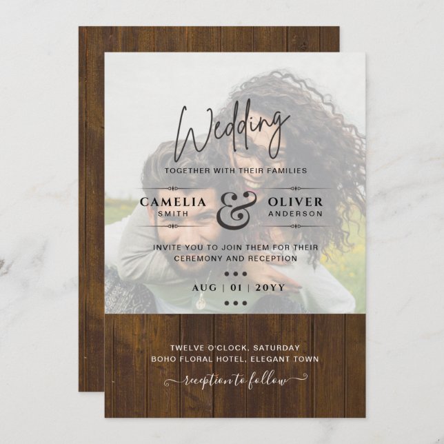 Rustic PHOTO OVERLAY Wedding INVITE QR Code OSA Inbjudningar (Fram/baksida)