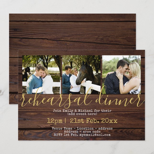 Rustic PHOTO Rehearsal Dinner Investigations Wood Inbjudningar (Fram/baksida)