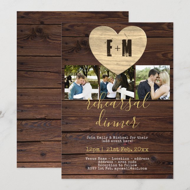 Rustic PHOTO Rehearsal Dinner Investigations Wood Inbjudningar (Fram/baksida)