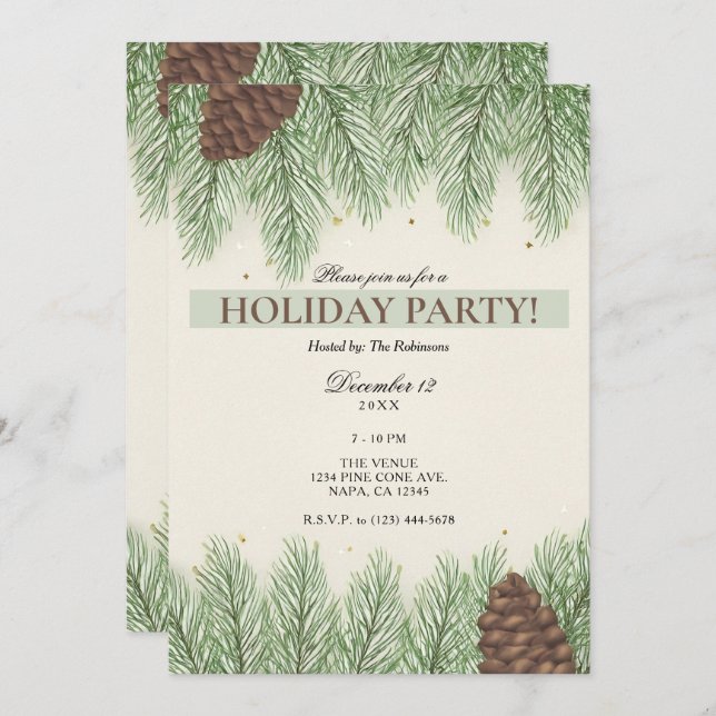 Rustic Pine Cones & Fir Christmas Holiday Party Inbjudningar (Fram/baksida)