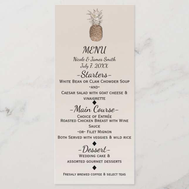 Rustic Pineapple Tropical Hawaiian Bröllop Menu Meny (Framsida)