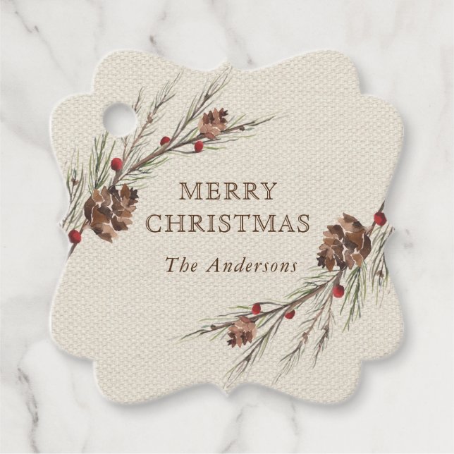 Rustic Pinecone-julgranen Helgdag Gåvor Etiketter (Framsida)