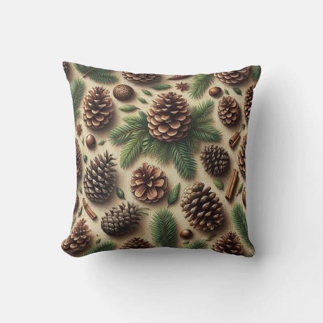 Rustic Pinecone och Greenery Burlap-jul Kudde (Framsida)