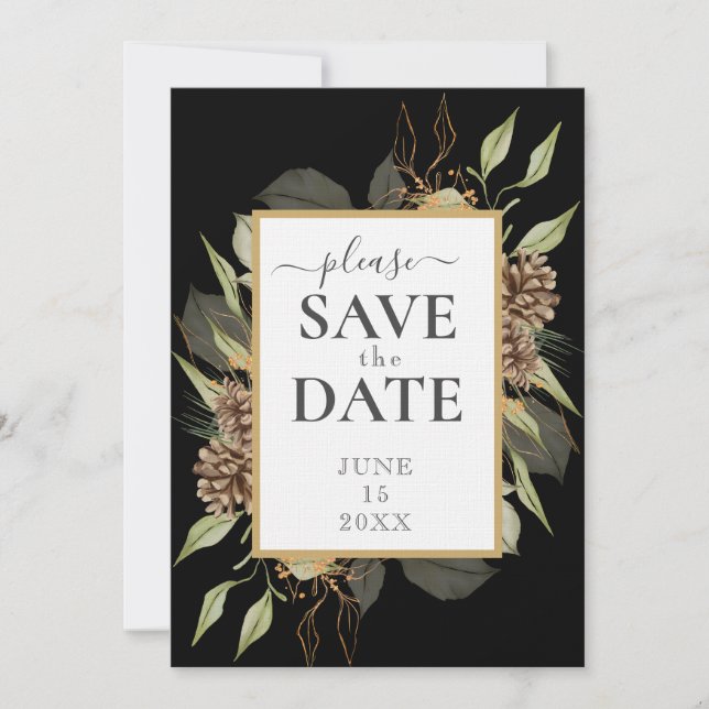 Rustic Pinecone Ram on Black Save THE DATE Inbjudningar (Framsida)