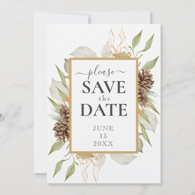 Rustic Pinecone Ram on White Save THE DATE Inbjudningar (Framsida)
