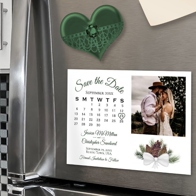 Rustic Pinecones Calendar & Photo Save Date Magnetisk Inbjudningskort (Skapare uppladdad)