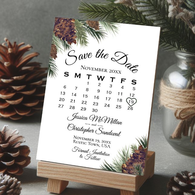 Rustic Pinecones Winter Greenery Calendar Bröllop Spara Datumet (Skapare uppladdad)