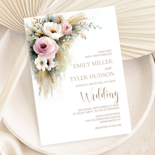 Rustic Pink and White Floral Wedding Inbjudningar (Skapare uppladdad)