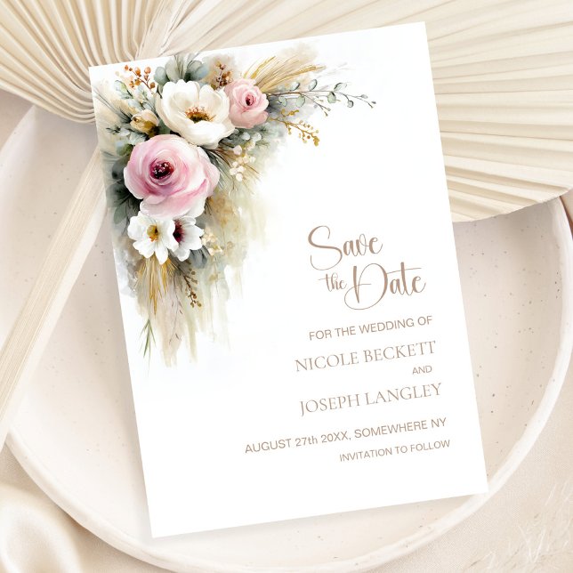 Rustic Pink and White Floral Wedding Save the Date Spara Datumet (Skapare uppladdad)