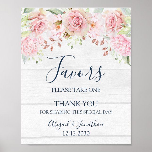 Rustic Pink Floral Spring Wedding Favors Sign Poster (Framsidan)