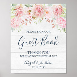 Rustic Pink Floral Spring Wedding Guest Book Sign Poster