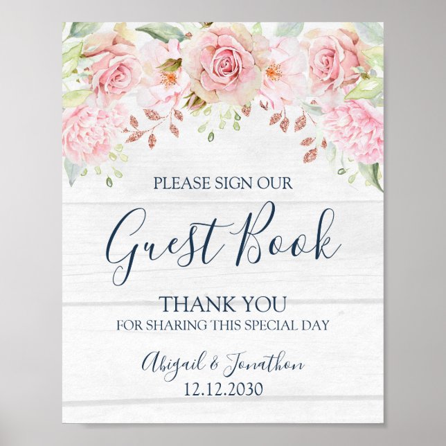Rustic Pink Floral Spring Wedding Guest Book Sign Poster (Framsidan)