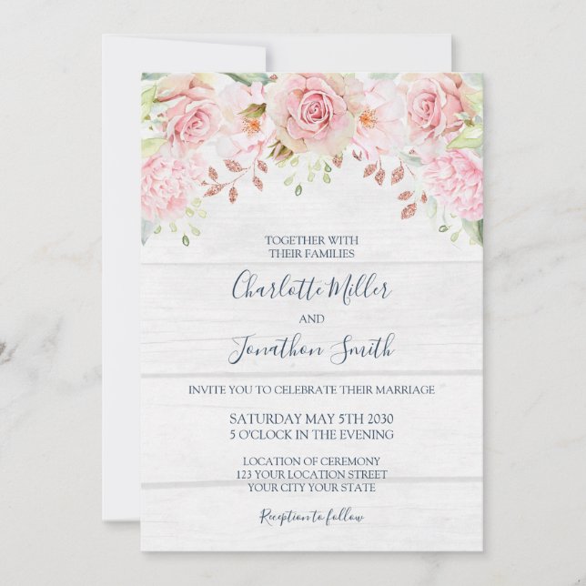 Rustic Pink Floral Spring Wedding Invitations Inbjudningar (Framsida)