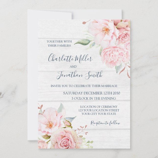 Rustic Pink Floral Spring Wedding Invitations Inbjudningar (Framsida)