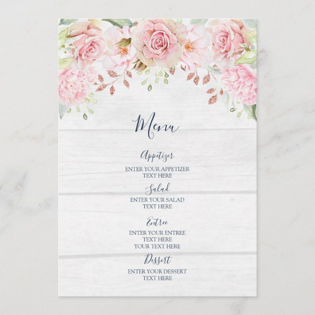 Rustic Pink Floral Spring Wedding Menu Meny (Framsida)
