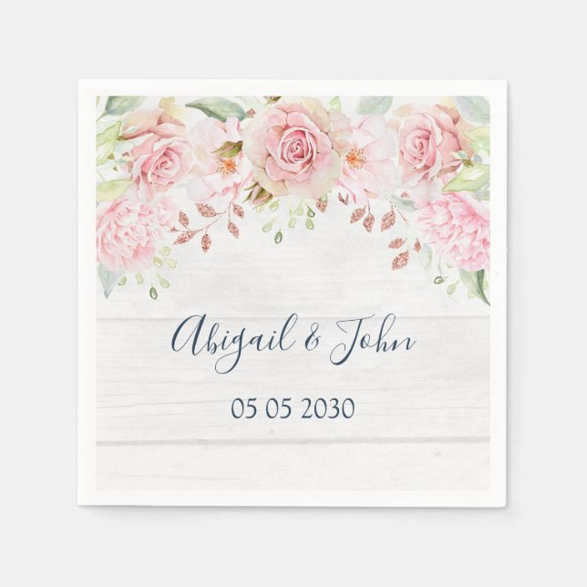 Rustic Pink Floral Spring Wedding Napkin Pappersservett (Framsidan)