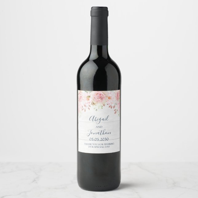 Rustic Pink Floral Spring Wedding Wine Label Vinflaska Etikett (Framsida)