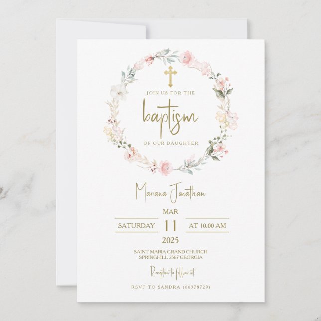 Rustic Pink Flowers Baptism Text Inbjudningar (Framsida)