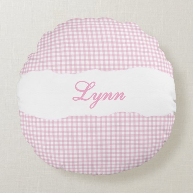 Rustic Pink Gingham Personalized Name Rund Kudde (Framsidan)