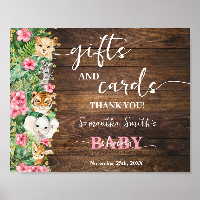Rustic Pink Safari Animal Gift & Cards Baby Shower Poster (Framsidan)