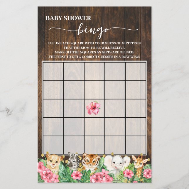 Rustic Pink Safari Animals Shower Bingo Game Card Flygblad (Framsidan)
