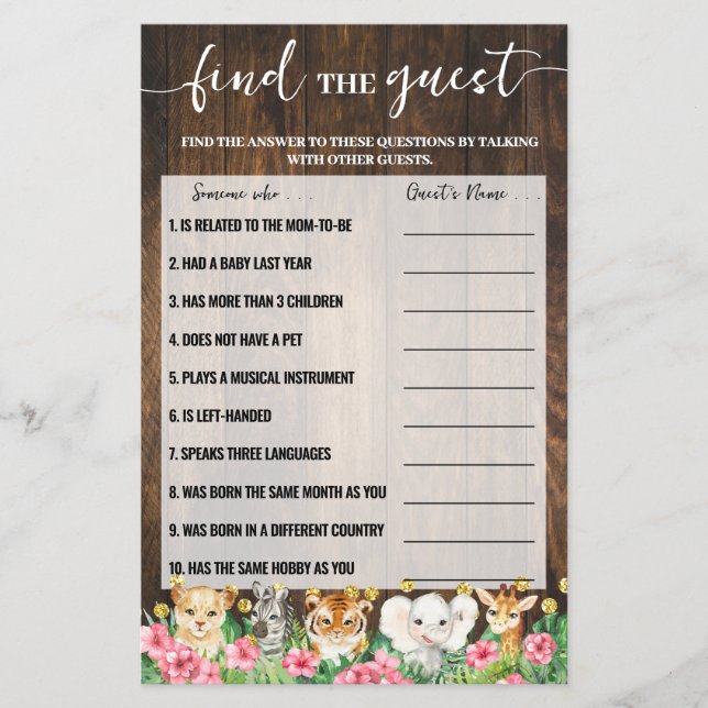 Rustic Pink Safari Find the Guest Shower Game Card Flygblad (Framsidan)