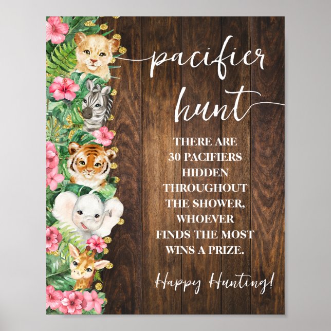 Rustic Pink Safari Pacifier Hunt Baby Shower Game Poster (Framsidan)