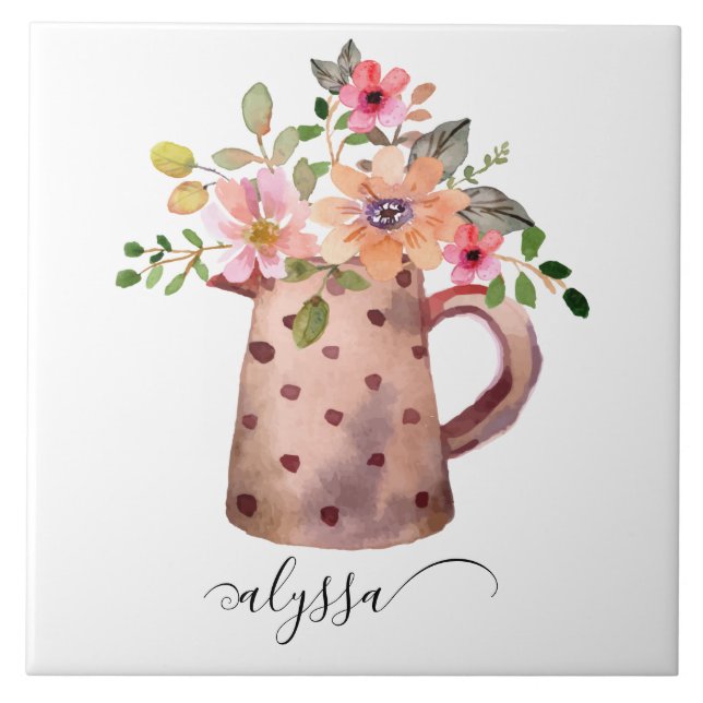 Rustic Pitcher Peach & Mauve Watercolor Blommigt Kakelplatta (Framsidan)