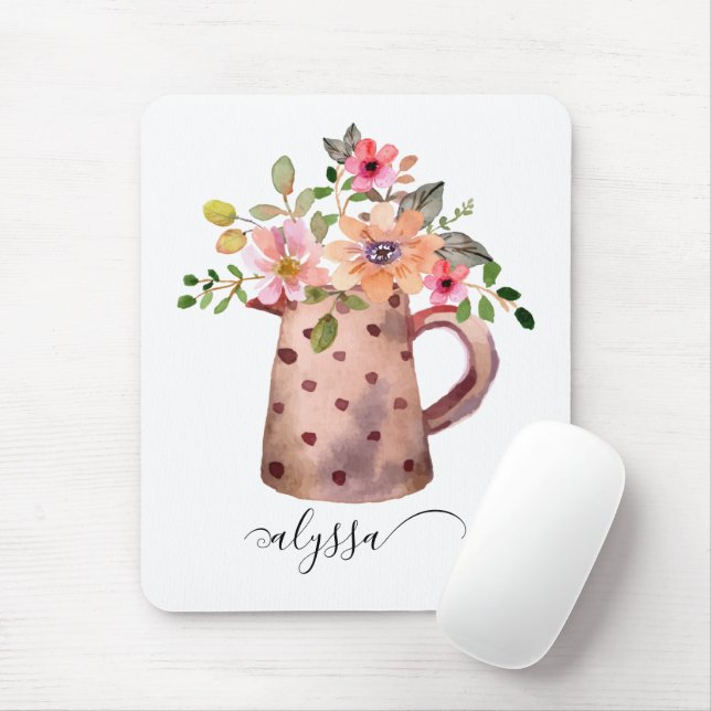 Rustic Pitcher Peach & Mauve Watercolor Blommigt Musmatta (Med mus)