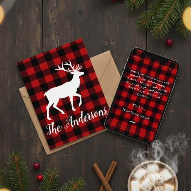 Rustic Plaid Deer Personalized Holiday Card Julkort (Skapare uppladdad)