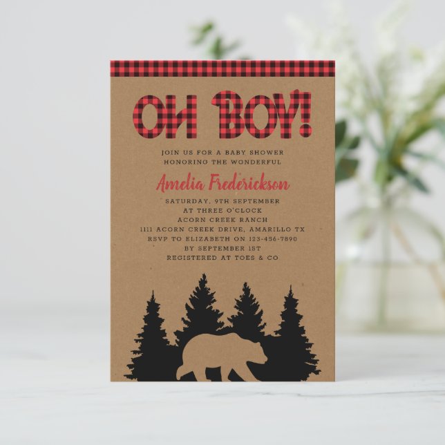 Rustic Play Bear Oh Boy Baby Shower Inbjudningar (Stående Fram)