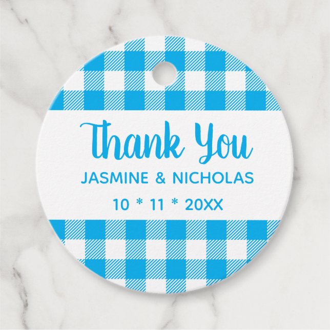 Rustic Play Blue Gingham Bröllop Tack Gåvor Etiketter (Framsida)