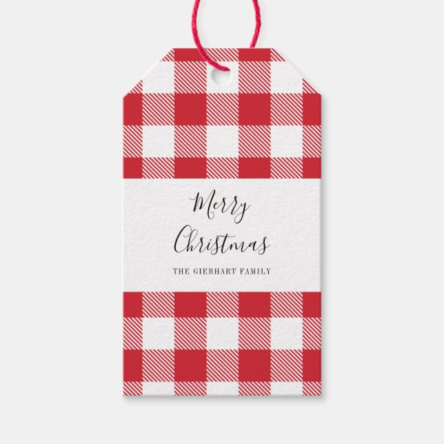 Rustic Play Elegant Script Red White Gingham Presentetikett (Framsidan)