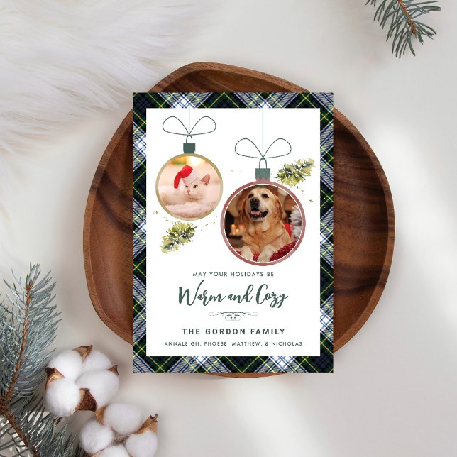 Rustic Play Family jul 2 Pet Photos Tartan Julkort (Rustic Plaid 2 Pet Photos Gordon Tartan Christmas Greetings)