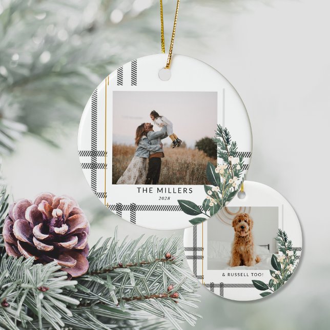 Rustic Play Greenery Helgdag Dubbla Sided Photo Julgransprydnad Keramik (Rustic Plaid Double Sided Christmas Ornament)