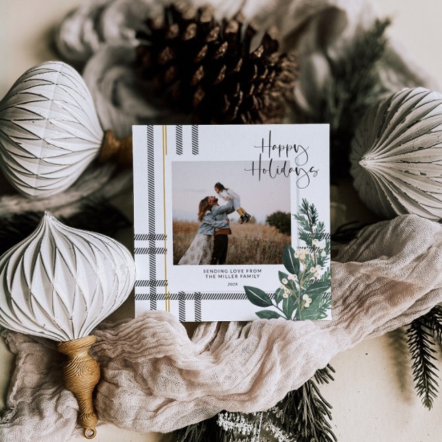 Rustic Play Greenery Helgdag Photo Julkort (Plaid Family Photo Holiday Card Rustic Greenery)