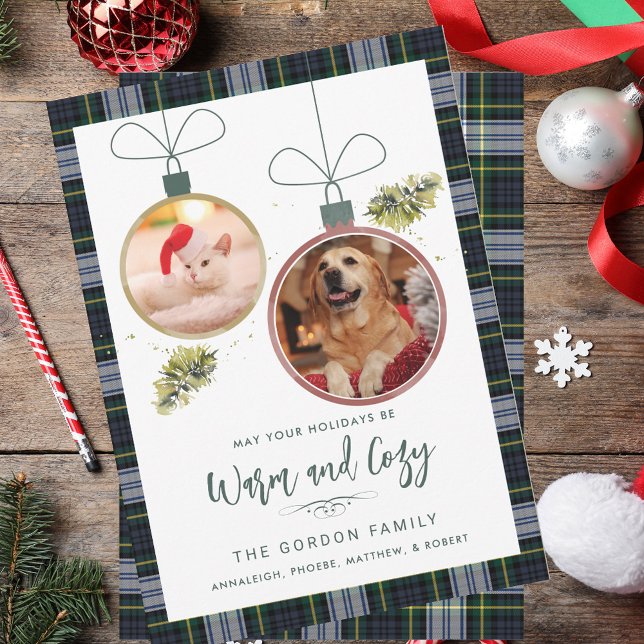 Rustic Play jul 2 Pets Foton Tartan Julkort (Rustic Plaid Christmas 2 Pet Photos Tartan Holiday Card)