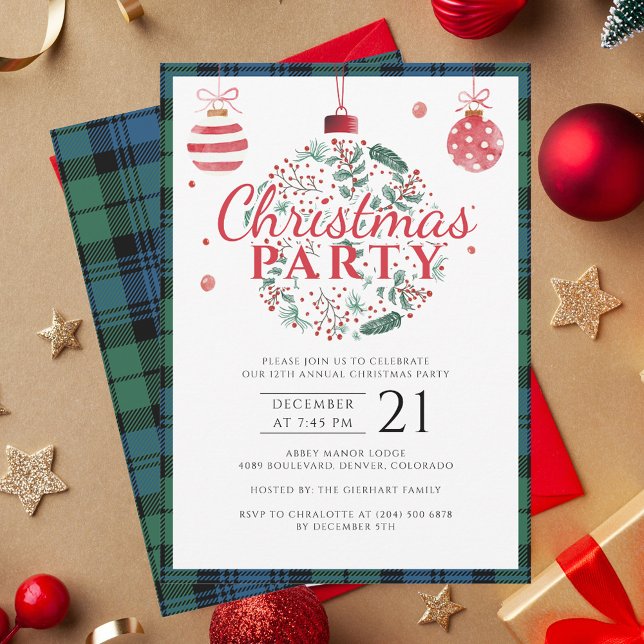 Rustic Play jul Party Festive Tartan Inbjudningar (Rustic Tartan Campbell Elegant Christmas Party Invitation with Baubles)